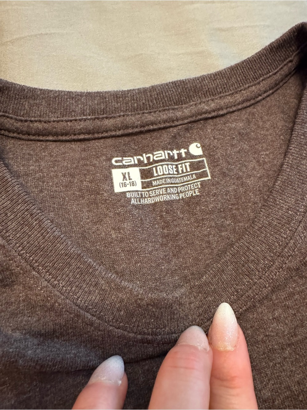 Carhartt Heather Purple Long-Sleeve Logo Tee with Orange/Brown Sleeve Print - Picture 4 of 4